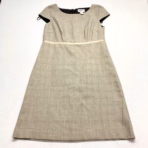 Mary McFadden‎ Sheath Dress Women 14 Tan Tweed Workwear Cap Sleeve Poly Rayon